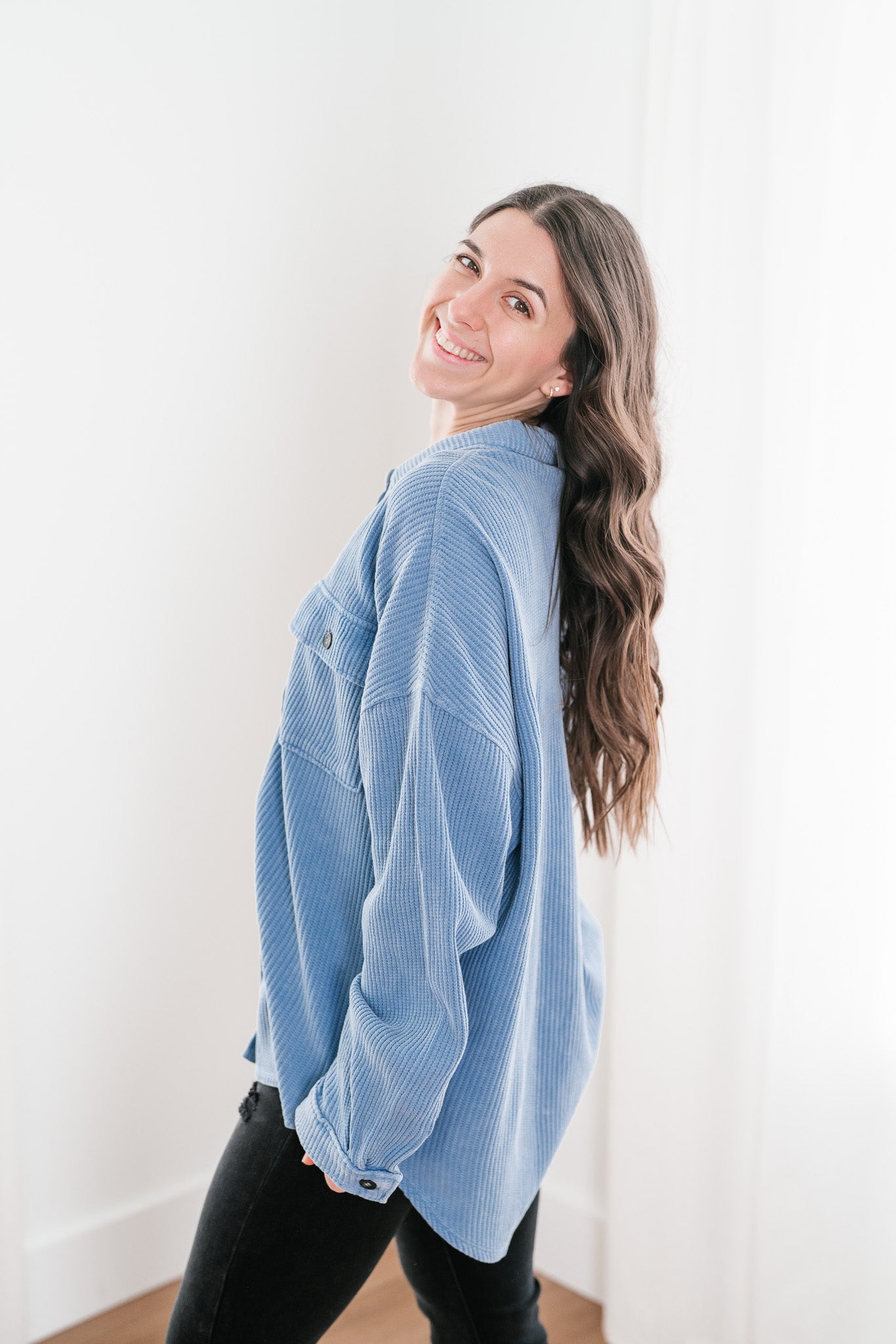 With Love Waffle Knit Button Up - Gray Blue