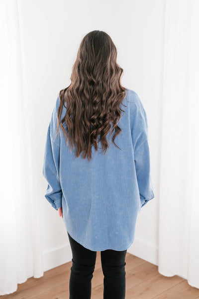 With Love Waffle Knit Button Up - Gray Blue