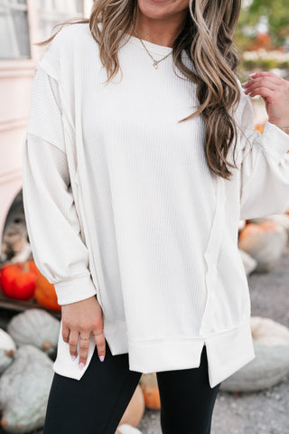 Northern Ribbed Oversized Long Sleeve Top - Off White