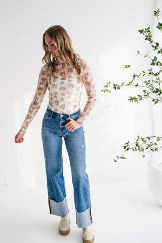 Whispered Petals Sheer Floral Lace Long Sleeve Top