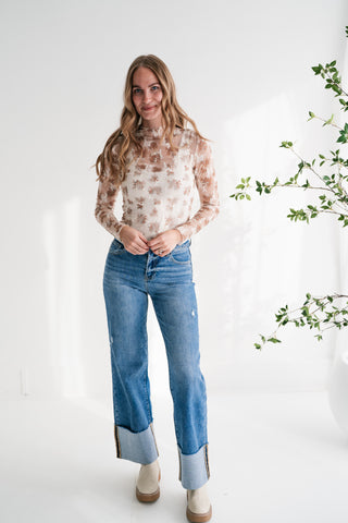 Whispered Petals Sheer Floral Lace Long Sleeve Top