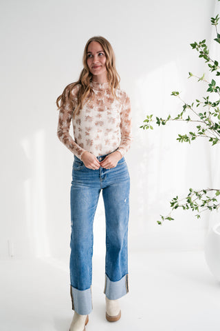 Whispered Petals Sheer Floral Lace Long Sleeve Top