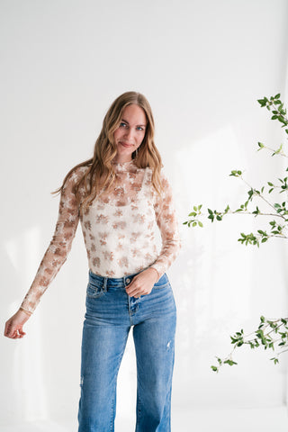 Whispered Petals Sheer Floral Lace Long Sleeve Top