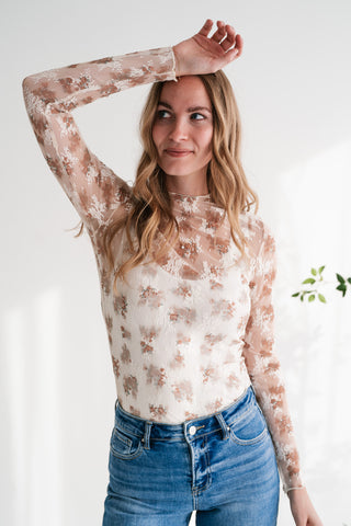 Whispered Petals Sheer Floral Lace Long Sleeve Top