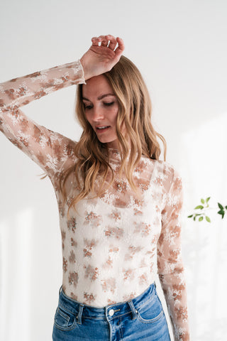Whispered Petals Sheer Floral Lace Long Sleeve Top