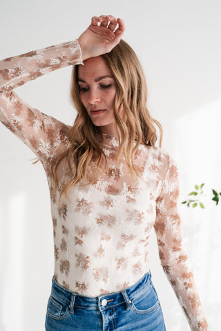 Whispered Petals Sheer Floral Lace Long Sleeve Top