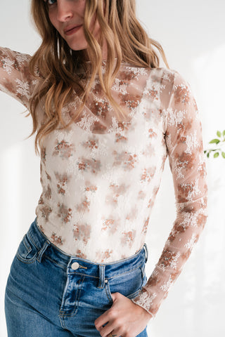 Whispered Petals Sheer Floral Lace Long Sleeve Top