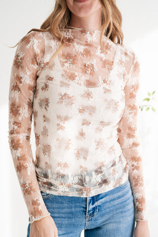 Whispered Petals Sheer Floral Lace Long Sleeve Top