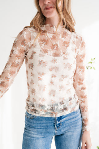 Whispered Petals Sheer Floral Lace Long Sleeve Top