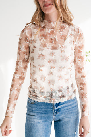 Whispered Petals Sheer Floral Lace Long Sleeve Top