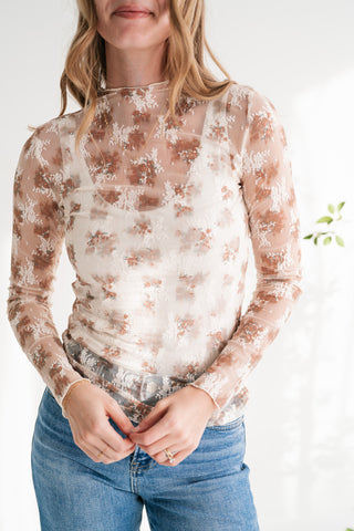 Whispered Petals Sheer Floral Lace Long Sleeve Top