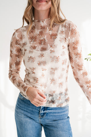 Whispered Petals Sheer Floral Lace Long Sleeve Top