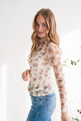 Whispered Petals Sheer Floral Lace Long Sleeve Top