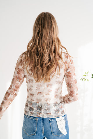 Whispered Petals Sheer Floral Lace Long Sleeve Top