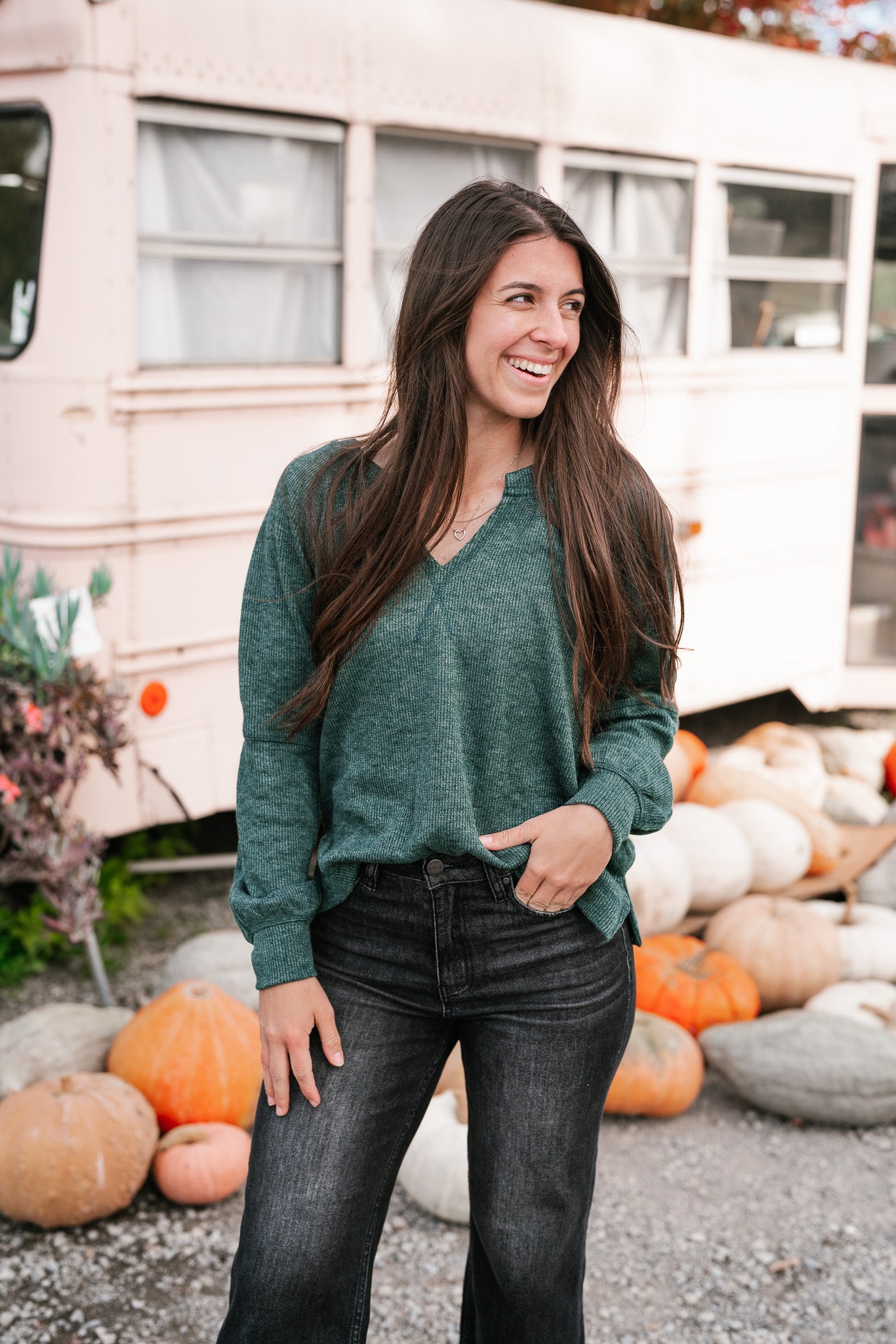 Crisp Air Split Neck Long Sleeve Top - Hunter Green