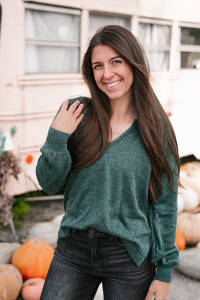 Crisp Air Split Neck Long Sleeve Top - Hunter Green