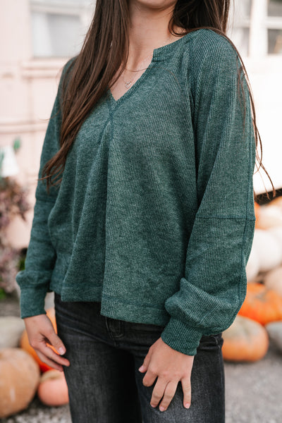 Crisp Air Split Neck Long Sleeve Top - Hunter Green