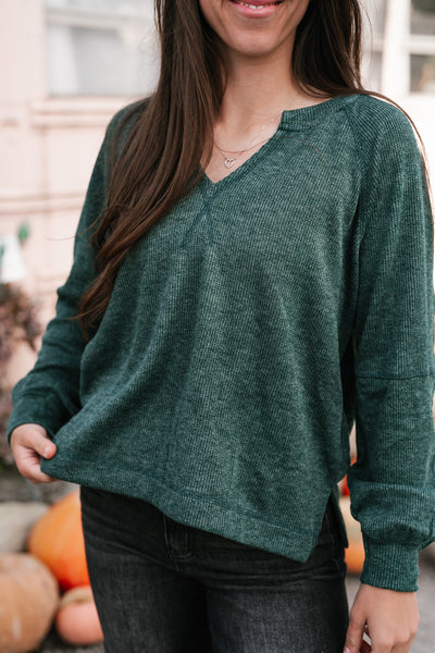 Crisp Air Split Neck Long Sleeve Top - Hunter Green