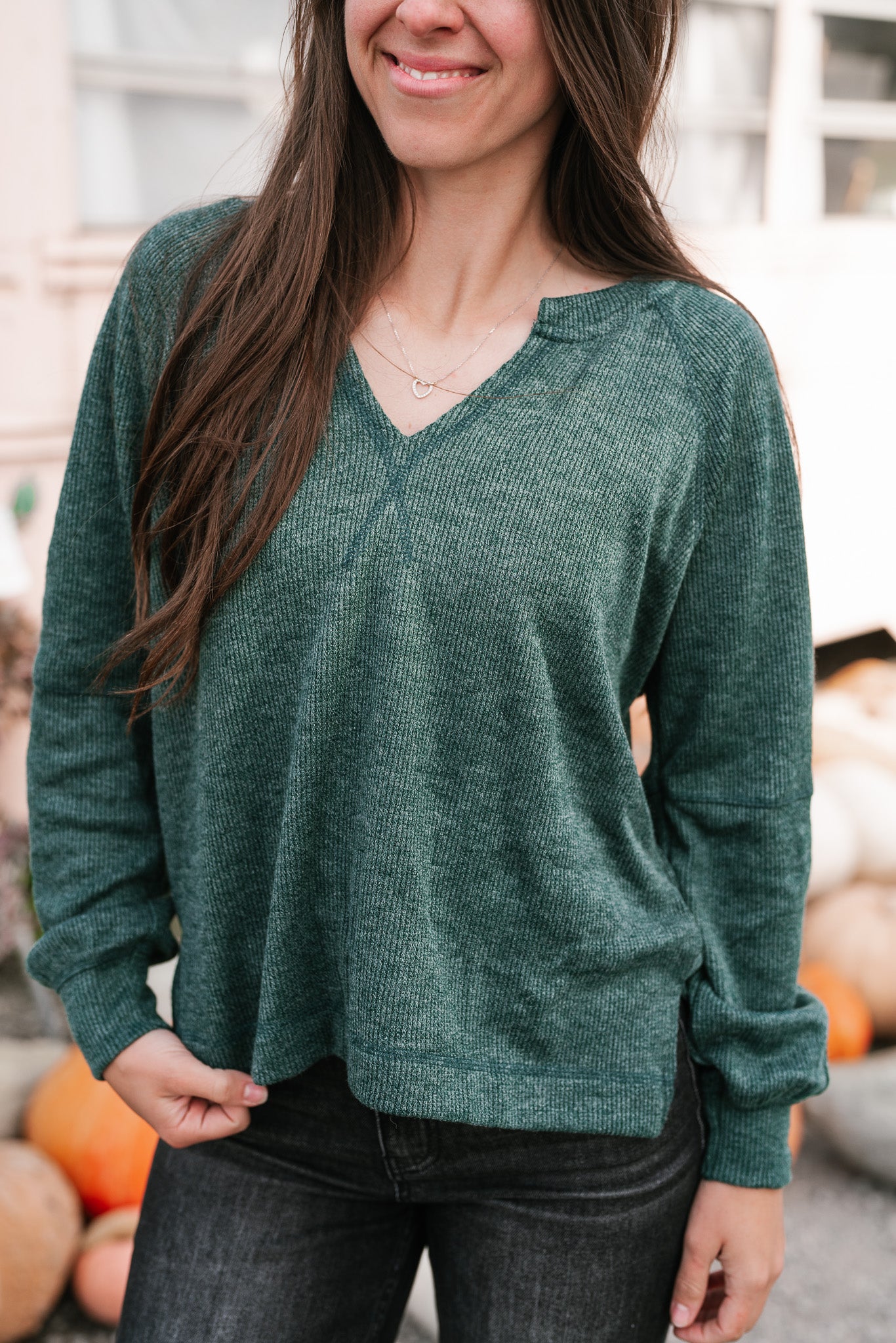 Crisp Air Split Neck Long Sleeve Top - Hunter Green