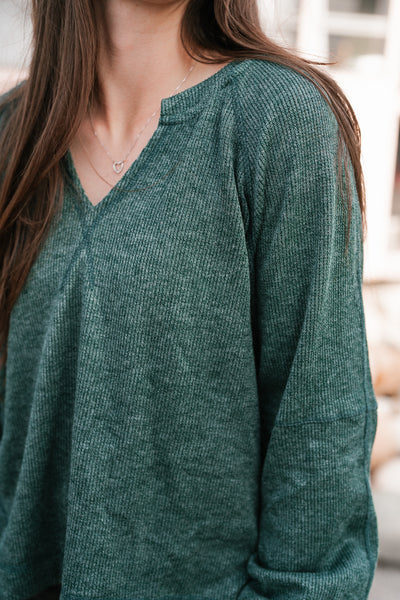 Crisp Air Split Neck Long Sleeve Top - Hunter Green