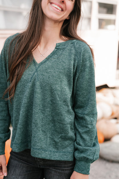 Crisp Air Split Neck Long Sleeve Top - Hunter Green