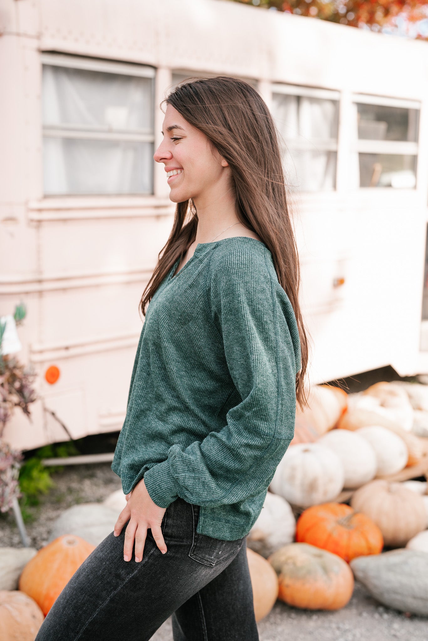 Crisp Air Split Neck Long Sleeve Top - Hunter Green