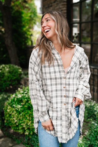 Everyday Plaid Button-Up Oversized Flannel - Natural