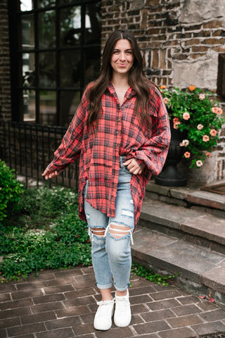 Everyday Plaid Button-Up Oversized Flannel - Faded Red