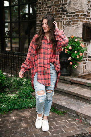 Everyday Plaid Button-Up Oversized Flannel - Faded Red