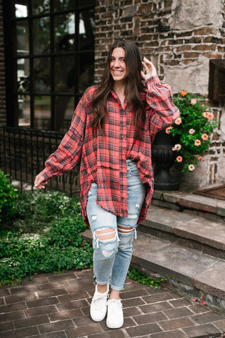 Everyday Plaid Button-Up Oversized Flannel - Faded Red