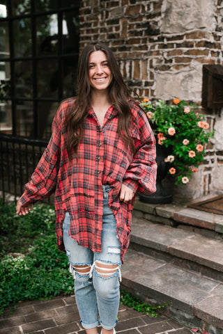 Everyday Plaid Button-Up Oversized Flannel - Faded Red