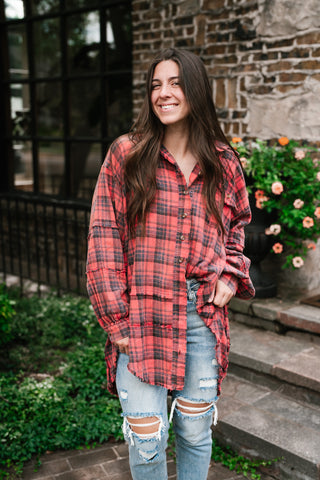 Everyday Plaid Button-Up Oversized Flannel - Faded Red