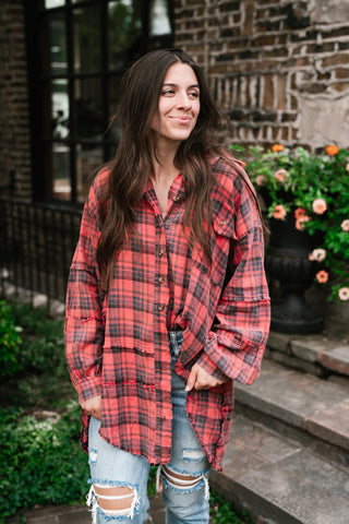 Everyday Plaid Button-Up Oversized Flannel - Faded Red