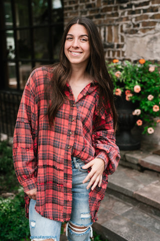 Everyday Plaid Button-Up Oversized Flannel - Faded Red