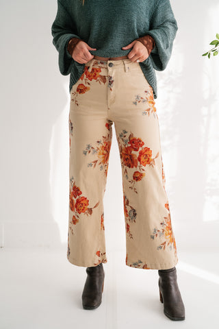 Floral Meadow Wide Leg Denim Pants - Khaki