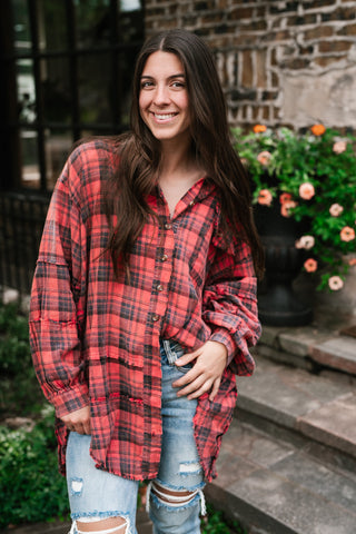 Everyday Plaid Button-Up Oversized Flannel - Faded Red