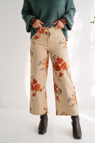 Floral Meadow Wide Leg Denim Pants - Khaki