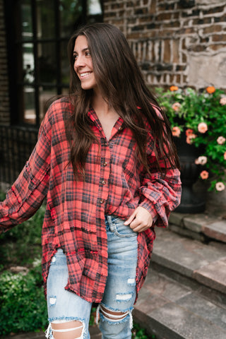 Everyday Plaid Button-Up Oversized Flannel - Faded Red