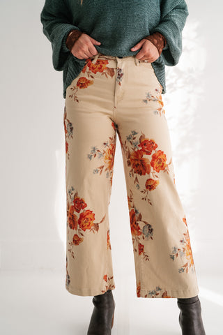 Floral Meadow Wide Leg Denim Pants - Khaki