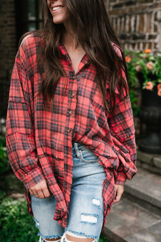Everyday Plaid Button-Up Oversized Flannel - Faded Red