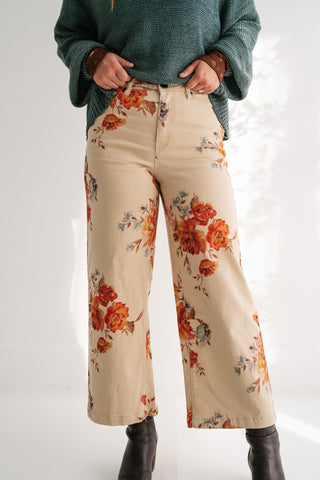 Floral Meadow Wide Leg Denim Pants - Khaki