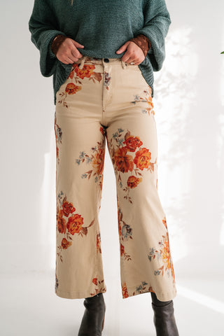 Floral Meadow Wide Leg Denim Pants - Khaki