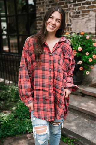Everyday Plaid Button-Up Oversized Flannel - Faded Red