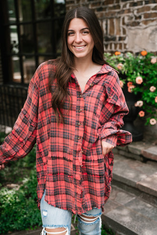 Everyday Plaid Button-Up Oversized Flannel - Faded Red