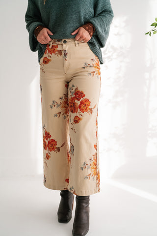 Floral Meadow Wide Leg Denim Pants - Khaki