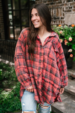 Everyday Plaid Button-Up Oversized Flannel - Faded Red