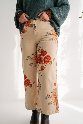 Floral Meadow Wide Leg Denim Pants - Khaki
