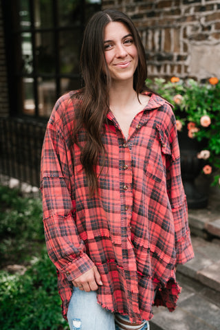 Everyday Plaid Button-Up Oversized Flannel - Faded Red