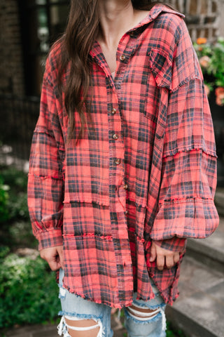 Everyday Plaid Button-Up Oversized Flannel - Faded Red
