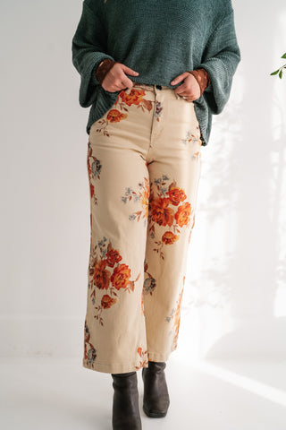 Floral Meadow Wide Leg Denim Pants - Khaki
